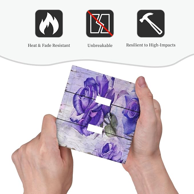 Light Switch Cover Purple Rose Flower Rustic Wood Plank 2 Gang Wall Plate Double Light Switch Plate Toggle Decorative Outlet Covers Electrical Switchplate for Farmhouse Bathroom Decor