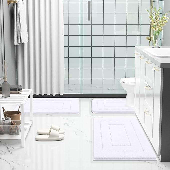 Buganda Bathroom Rugs, 59" x 24", Soft and Absorbent Microfiber Bath Rugs, Non-Slip Shaggy Shower Carpet, Machine Wash Dry Bath Mats for Bathroom Floor, Tub and Shower, White