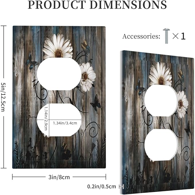 Rustic Wood Background Floral Butterfly Daisy Outlet Covers 1 Gang Duplex Light Switch Cover Decorative Switch Plates Electrical Receptacle Faceplate Wall Plate for Farmhouse Bedroom Decor