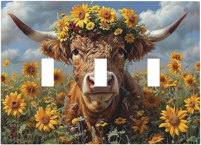 Decorative Switch Plates Vintage Sunflower Highland Cow Rustic Art 3 Gang Wall Plate Triple Toggle Light Switch Cover Faceplate Electrical Wall Panels for Bedroom Farmhouse Decor