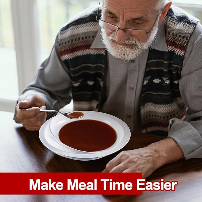 Hushee Adaptive Spill Proof Scoop Bowl and Plate Set with Suction Base Non Skid Self Feed Dinnerware for Elderly Disabled Handicapped from Parkinsons, Dementia, Stroke, Tremor(3 Sets,White, Blue, Red)