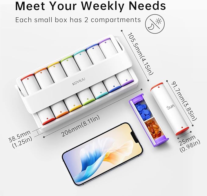 Weekly Pill Organizer 2 Times a Day, KOVIUU Large Travel Pill Box 7 Day, Am Pm Twice Daily Pill Case with Rotatable Handle, Pill Holder Container for Vitamin, Medicine, Supplement, Fish Oil, White