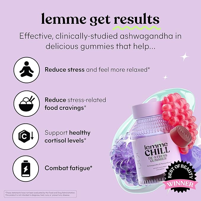 Lemme Chill Stress Relief Gummies with 300mg KSM-66 Ashwagandha, Lemon Balm, Passionflower & Goji to Support Relaxation, Healthy Cortisol & Sleep - Gluten-Free, Non-GMO, Mixed Berry (60 Count)