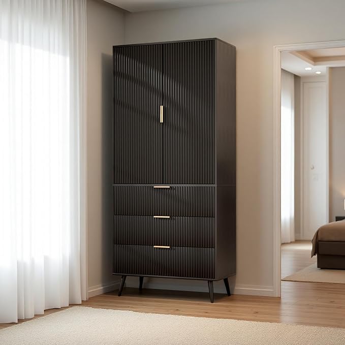 Tall Storage Cabinet, Kitchen Pantry Cabinet with Adjustable Shelves & Fluted Panel Design, Wood Cupboard with 3 Drawers 2 Doors, Tall Home Cupboard for Living Room, Kitchen, Black