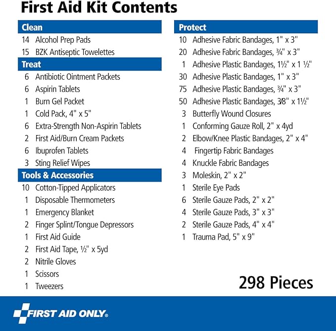 First Aid Only 298 Piece All-Purpose Emergency First Aid Kit for Home, Office, Car, Apartment, Dorm, and Camping, Travel-Friendly Compact Pouch Fits in Backpacks, Suitcases, Cabinets, and Drawers
