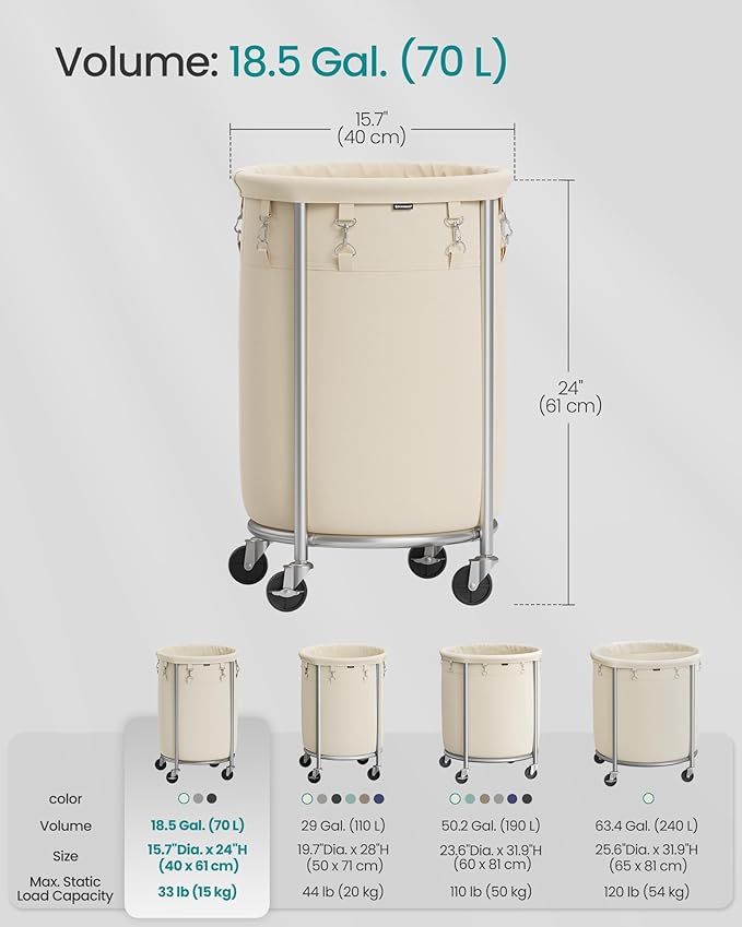 SONGMICS 18.5-Gallon (70 L) Laundry Basket with Wheels, Rolling Round Heavy-Duty Laundry Hamper Cart with Steel Frame and Removable Bag, 2 Locking Wheels, Cream White and Metallic Silver URLS006W01