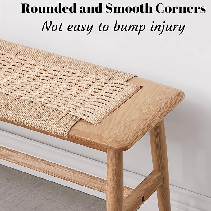 Wood Dining Bench,100% Natural Solid Oak with Rattan Design, Rounded Edge, Entryway Bench for Dining,Bedroom, Living Room (Beige Color, 31.49 inch)