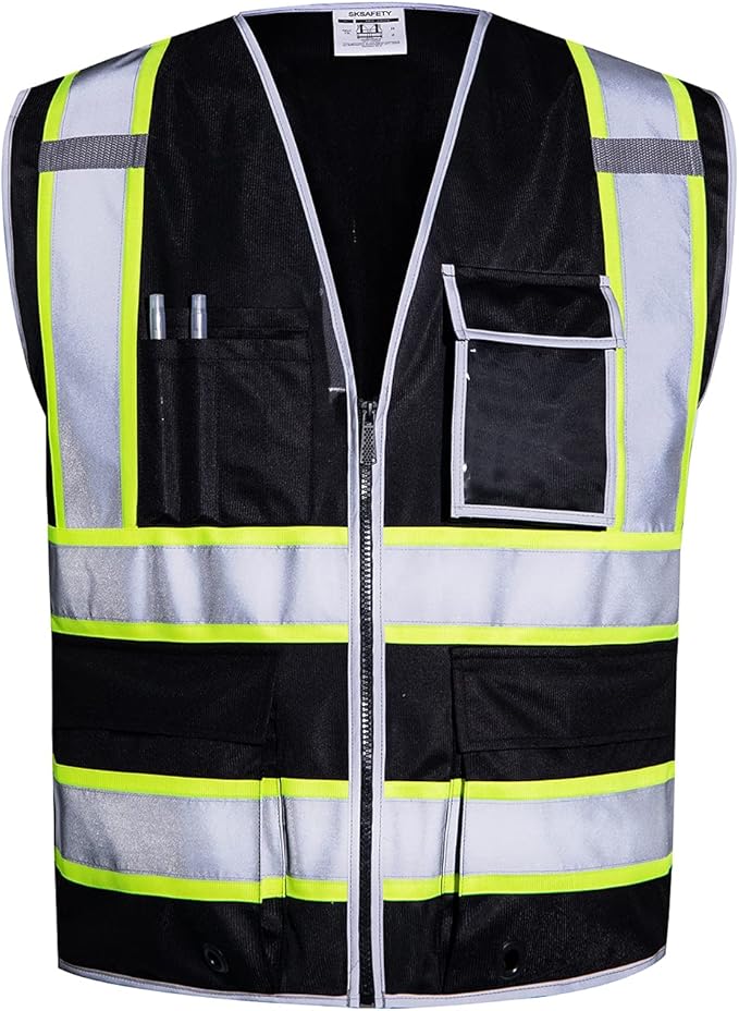 SKSAFETY 10 Pockets Safety Vest, Class 2 High Visibility Security with Zipper, Hi Vis Vest with Reflective Strips, ANSI/ISEA Standard, Construction Work Vest for Men ＆ Women （Black, 3XL）