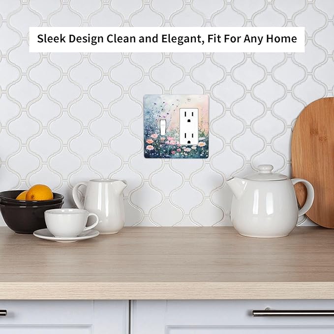 Decorative Outlet Covers Pink Floral Wildflower Green Plants 2-Gang Combo Light Switch Cover Plate Single Toggle/Rocker Wall Plate Plug Switch Plate Covers for Bathroom Decor