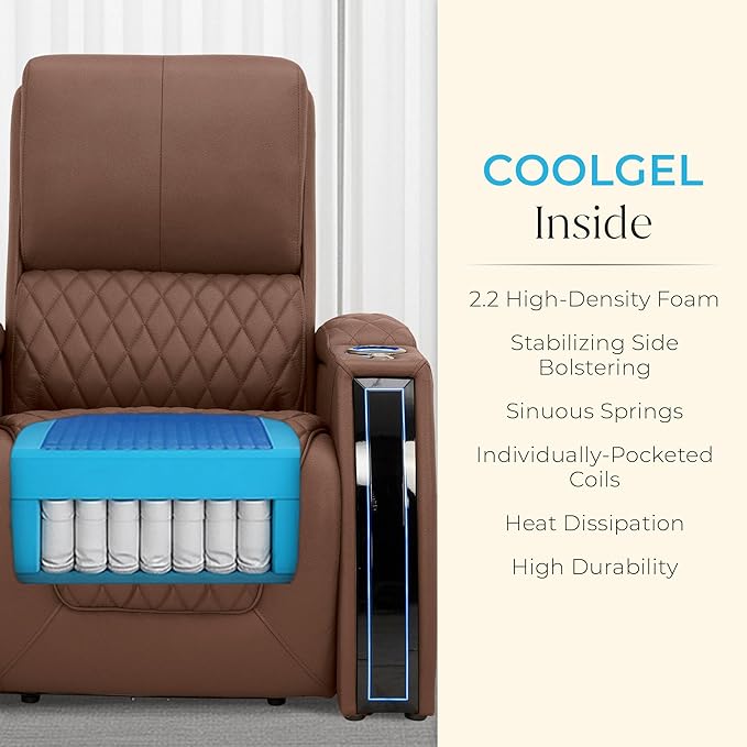 Seatcraft Apex Zero-Gravity CoolZero Italian Leather Home Theater Seating, Powered Headrest, Powered Lumbar, Powered Recline, Row of 3 Left Loveseat, Tobacco