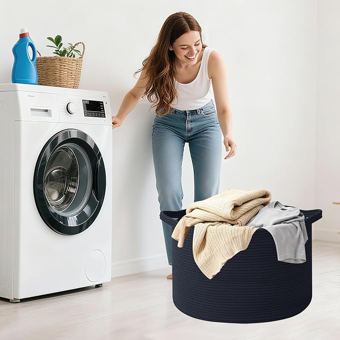 Large Storage Basket with Handle,19.7" L x 19.7" W x 13" H Blanket Basket Storage Bins for Organizing,65L Cotton Rope Woven Baskets for Living Room, Nursery ,Bedroom,Navy