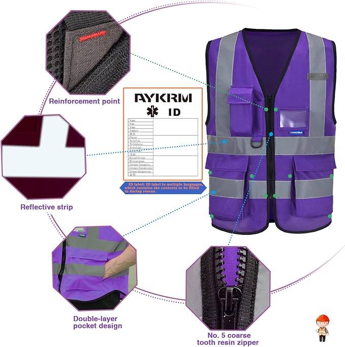 A-SAFETY XSmall Purple High Visibility Safety Vest with 4 Reflective Strips 7 Pockets,X-Small