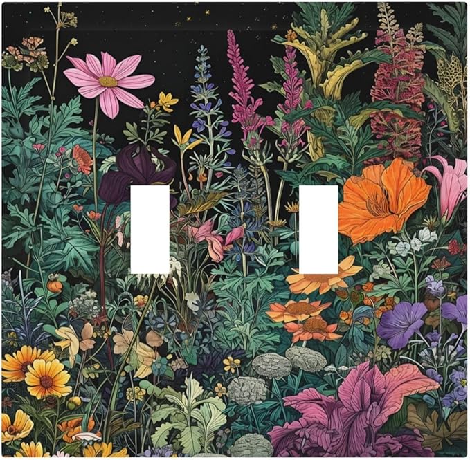 Decorative Light Switch Cover Plate Colorful Floral Dark Sky Wildflower Plants 2 Gang Switch Plate Covers Double Toggle Wall Plate Dual Device Faceplate for Bathroom Decor