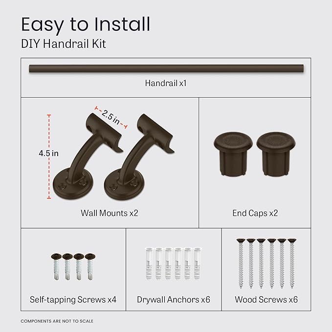 Meranti Aluminum Handrail for Indoor or Outdoor Steps and Stairs – Hand Rails for Elderly – DIY Complete Stair Railing Kit (AHR, Bronze Textured, 3' Length)