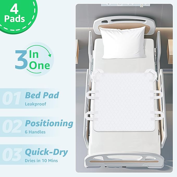 Incontinence Bed Pads Whasbable: 4 Pcs Waterproof Bed Pads for Elderly with 6 Handles, Reusable Bed Underpads, Positioning Bed Pads for Incontinence Adult, Bedwet,Kids,Bedridden,Hospitals, 34x36 Inch