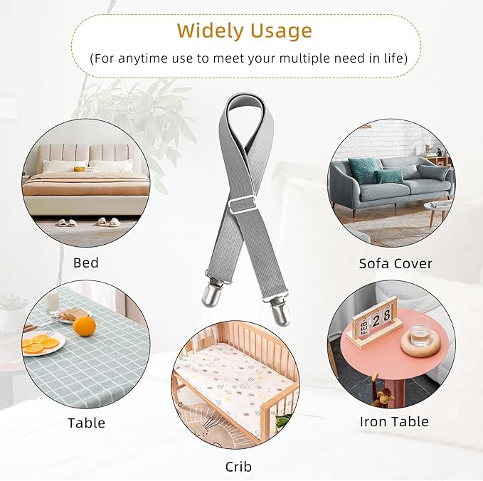 4Pcs Adjustable Bed Sheet Straps Clips, Elastic Mattress Sheet Fasteners Holder and Suspenders, Grippers to Hold Sheet, Mattress, Sofa, Couch, Table Cloth, Recliner Ironing Board Cover and More