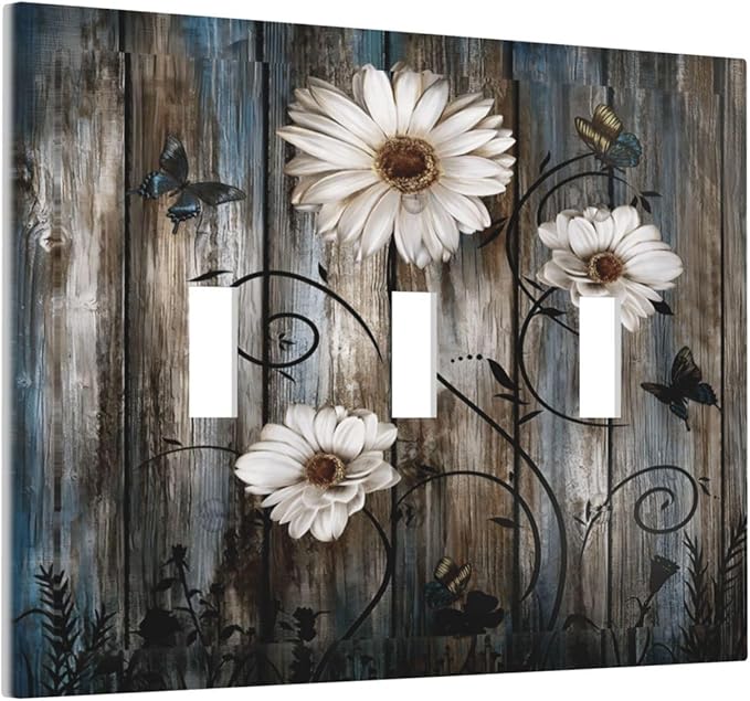 Rustic Wood Background Floral Butterfly Daisy Decorative Switch Plates 3 Gang Wall Plate Triple Toggle Light Switch Cover Faceplate Electrical Wall Panels for Farmhouse Bedroom Decor