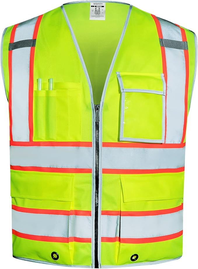 SKSAFETY 10 Pockets Safety Vest, Class 2 High Visibility Security with Zipper, Hi Vis Vest with Reflective Strips, ANSI/ISEA Standard, Construction Work Vest for Men ＆ Women （Lime, 5XL）