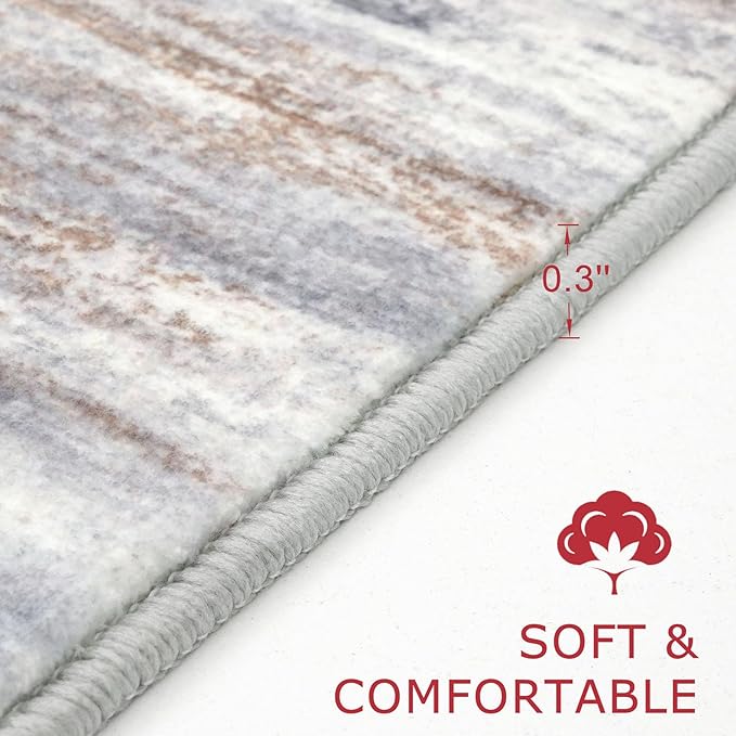 KOZYFLY Modern Abstract Small Area Rugs 2x3, Washable Kitchen Rug Non-Slip Soft Small Bathroom Rug, Grey Brown Striped Entryway Rugs Print Faux Wool Doormat for Bedside Entrance Bedroom Sink