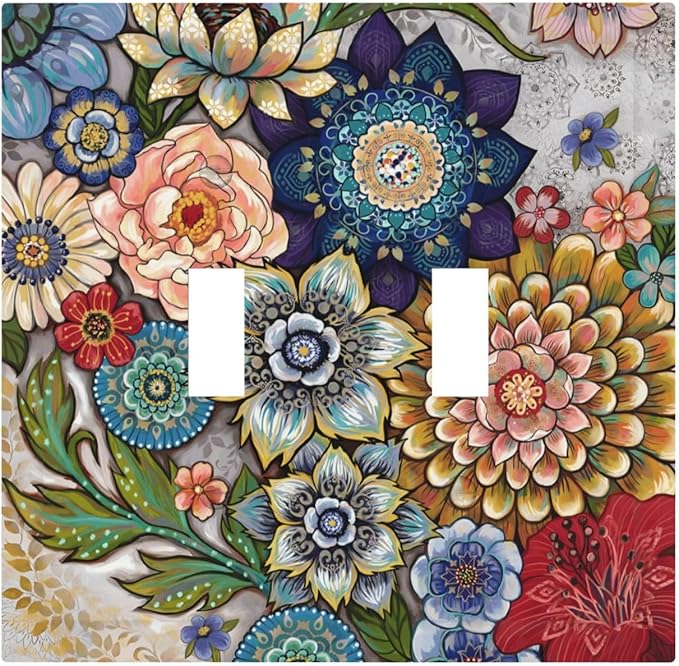 Boho Floral Colorful Floral Multi Color Flower Decorative Switch Plates 2 Gang Double Toggle Outlet Light Switch Cover Wall Plate Electrical Faceplate for Bedroom Living Room Home Decor