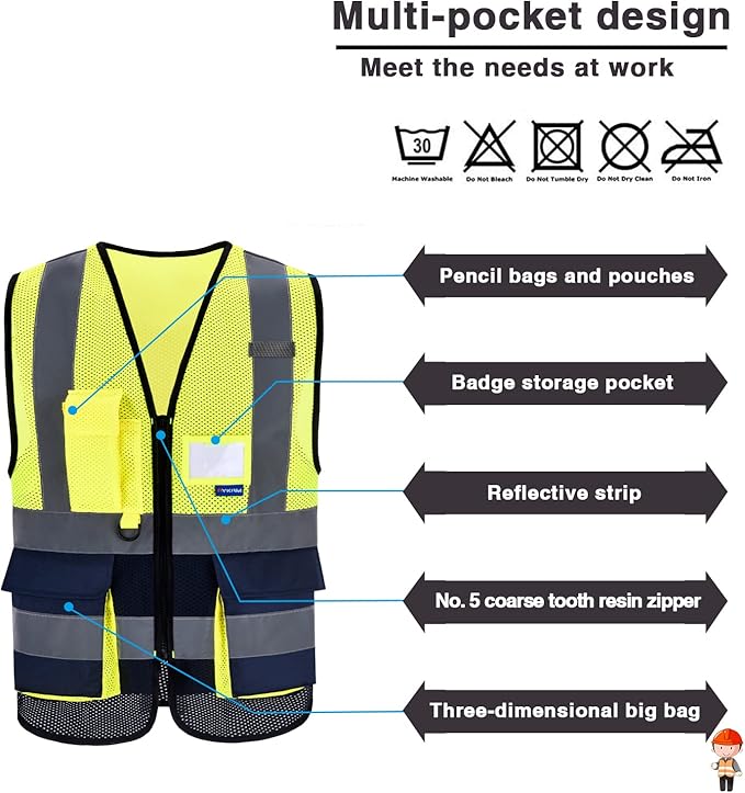 A-SAFETY Reflective Safety Vest,Hi Vis 7 Pockets High Visibility Zipper Front Safety Vest,Yellow&Navy Color Mixed, XXXL