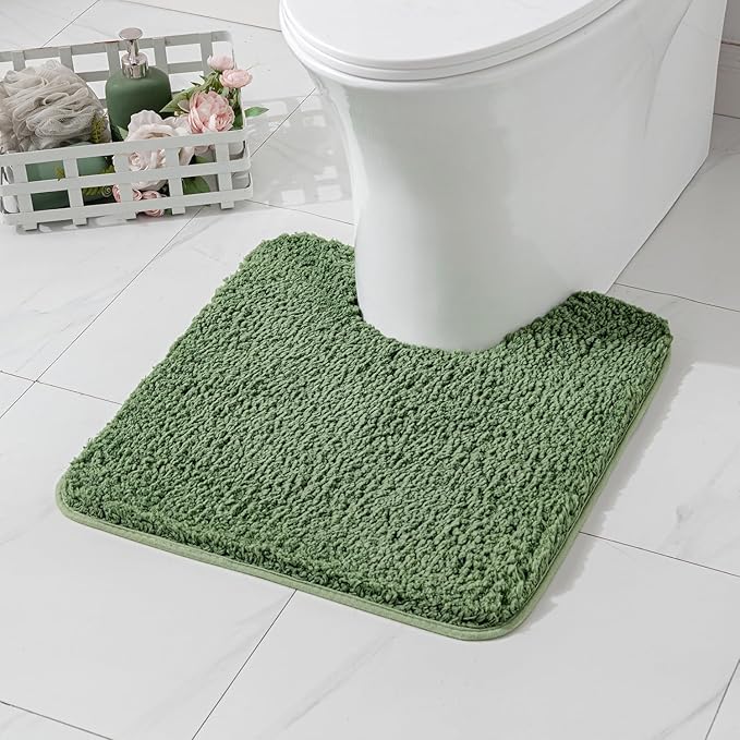 MIULEE Microfiber Toilet Bath Mat U-Shaped Contour Shaggy Rugs Non Slip Extra Thick Soft Absorbent Water for Bathroom Commode Machine Washable(20x20 Inch, Moss Green)