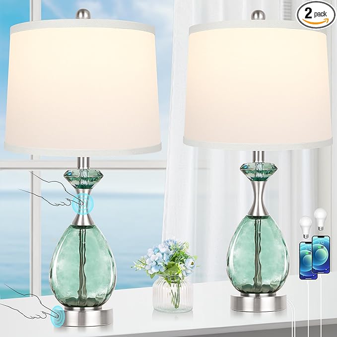 Hamucd Coastal Glass Table Lamps Set of 2, 3-Way Dimmable Touch Control Nautical Lamp with USB A+C Ports,Bedside Lamps Beach Decor, Modern Nightstand Lamps with 2 LED Bulbs for Bedroom Living Room