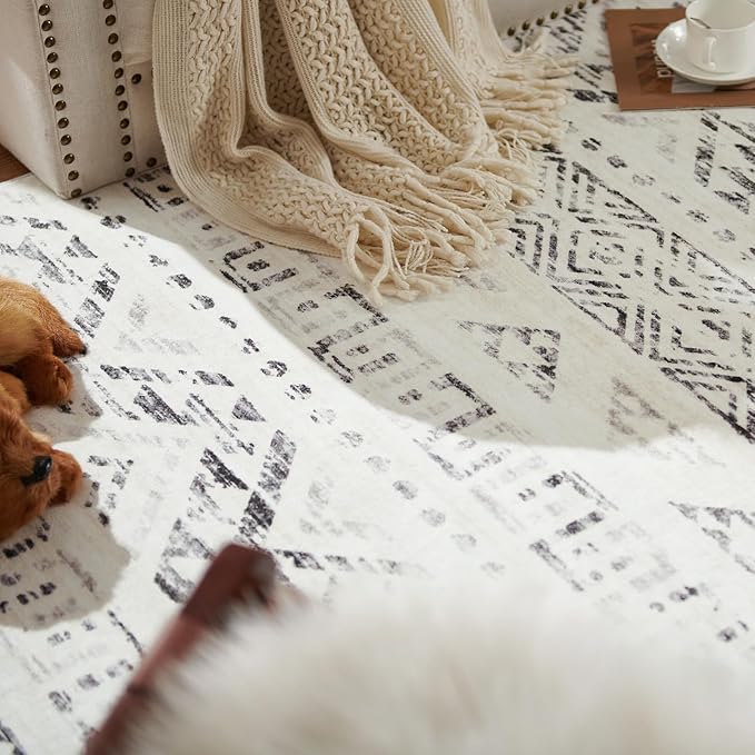 jinchan Boho 8x10 Neutral Area Rugs for Living Room - Machine Washable Moroccan Soft Throw Rug Bohemian Diamond Design Non-Slip Large Carpet for Bedroom Kitchen Dining Room Nursery (8‘x10', Charcoal)