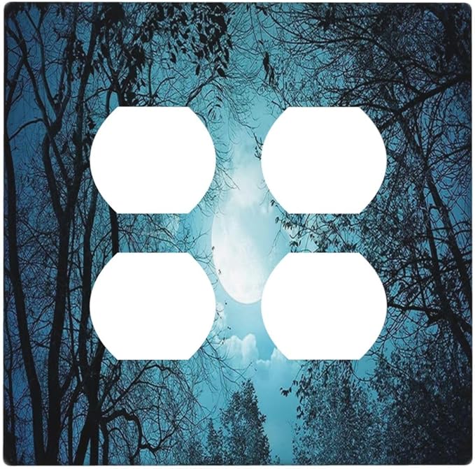 Decorative Light Switch Cover Plate Teal Full Moon Forest Turquoise 2 Gang Socket Covers Double Duplex Wallplates Switch Plates and Outlet Covers for Bathroom Bedroom Decor