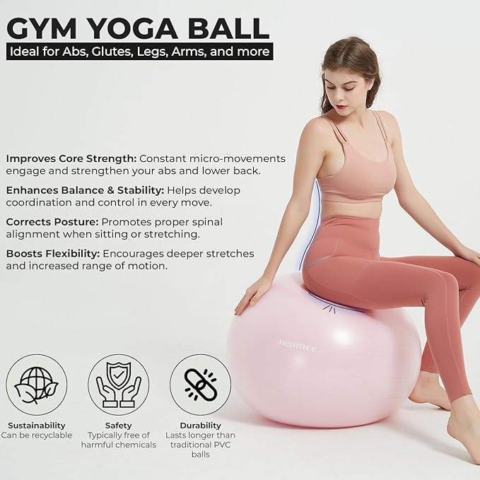 Yoga Ball Chair with 65cm Exercise Ball & 2 Resistance Bands, Stability Base for Home Office, Yoga, Pilates & Fitness, Balance Ball for Posture, Core Strength & Low Impact Workouts