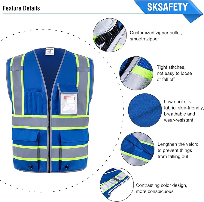 SKSAFETY 10 Pockets Safety Vest, Class 2 High Visibility Security with Zipper, Hi Vis Vest with Reflective Strips, ANSI/ISEA Standard, Construction Work Vest for Men ＆ Women （Blue, L）