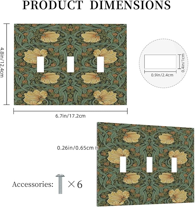 Decorative Switch Plates William Morris Floral Vintage Flowers Pattern 3 Gang Wall Plate Triple Toggle Light Switch Cover Faceplate Electrical Wall Panels for Bedroom living Room Decor