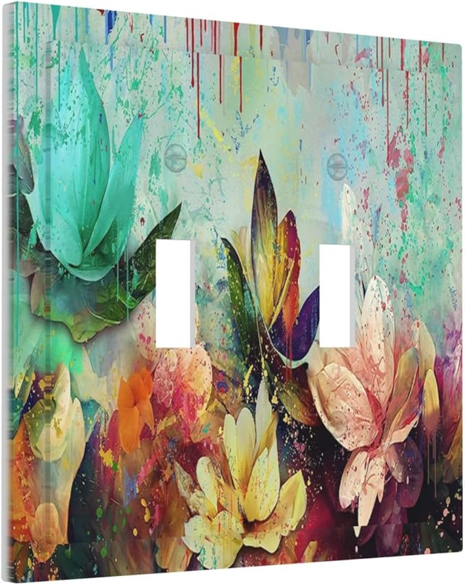 Light Switch Cover Watercolor Flower Colorful Floral 2 Gang Wall Plate Double Light Switch Plate Toggle Decorative Outlet Covers Electrical Switchplate for Bathroom Bedroom Decor