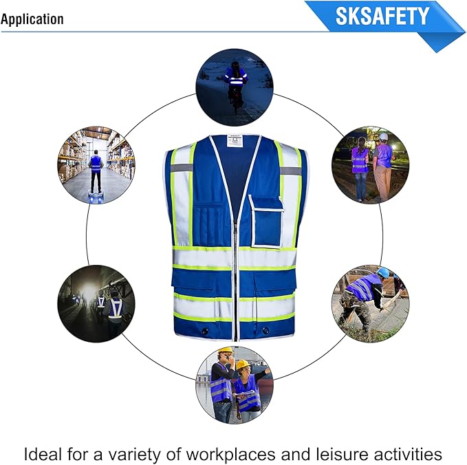 SKSAFETY 10 Pockets Safety Vest, Class 2 High Visibility Security with Zipper, Hi Vis Vest with Reflective Strips, ANSI/ISEA Standard, Construction Work Vest for Men ＆ Women （Blue, 4XL）