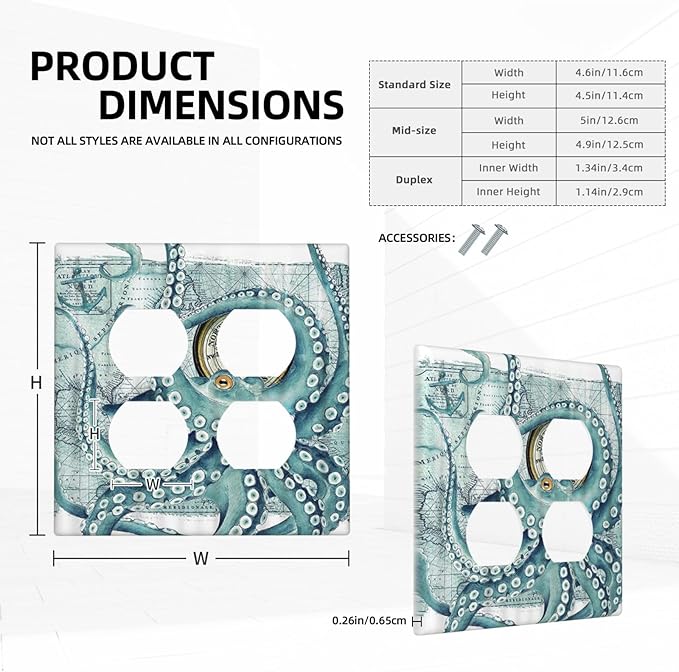 Octopus Nautical Kraken Compass Anchor Outlet Covers 2-Gang Duplex Light Switch Cover Plate Decorative Gfci Wall Plate Electrical Receptacle Switch Plate Covers Plug Faceplate Bathroom Decor