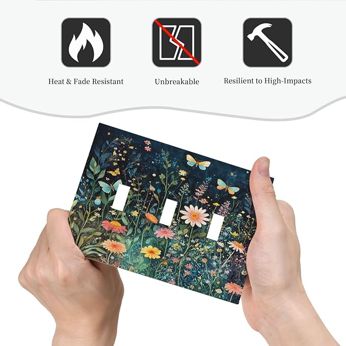 Decorative Switch Plates Boho Vintage Floral Flower Butterfly 3 Gang Wall Plate Triple Toggle Light Switch Cover Faceplate Electrical Wall Panels for Bedroom Home Decor