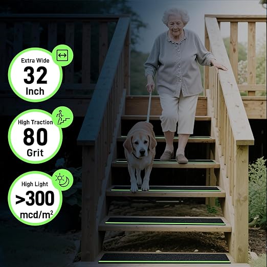 LifeGrip Anti Slip Traction Treads with Glow in Dark Stripe (5-Pack), 8" X 32", Best Grip Tape Grit Non Slip, Outdoor Non Skid Tape, High Traction Friction Abrasive Adhesive for Stairs Step