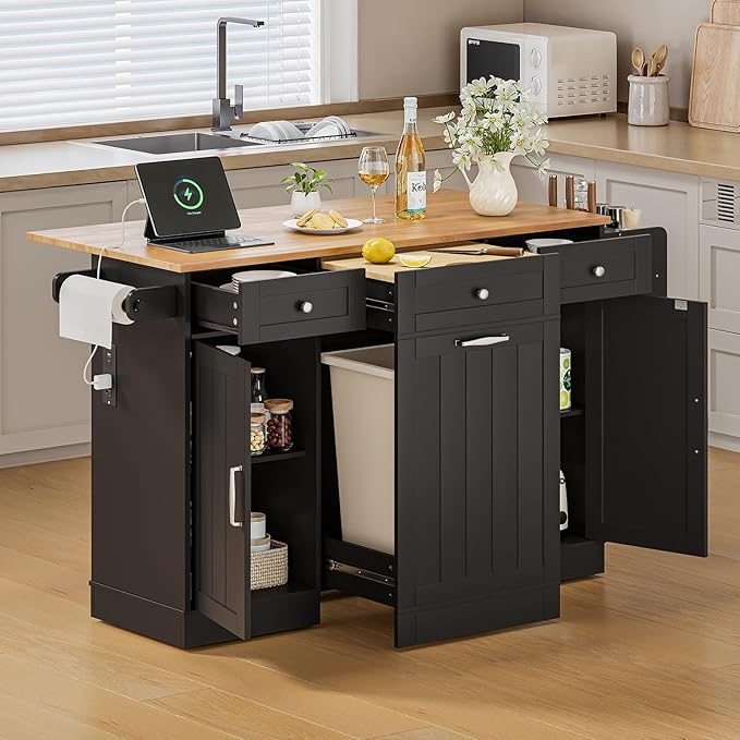 ONBRILL 61" Kitchen Islands with Movable Wood Cutting Board & Trash Storage Cabinets, Rolling Island Cart with Drop Leaf & Power Outlet, Dining Table with Spice & Towel Rack & Knife Holder, Black