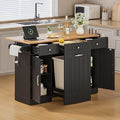 ONBRILL 61" Kitchen Islands with Movable Wood Cutting Board & Trash Storage Cabinets, Rolling Island Cart with Drop Leaf & Power Outlet, Dining Table with Spice & Towel Rack & Knife Holder, Black
