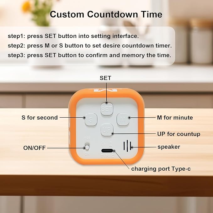 FCXJTU Rotating Cube Pomodoro Visual Timer 5, 25, 10 50 Minutes Preset, Rechargeable Desk Productivity Flip Custom Countdown Timer w/Silicone Cover, Silent Mode for ADHD Study, Work, School(Orange)