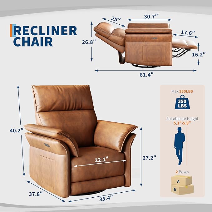 IDEALHOUSE Power Recliner Chair with Side Pockets, 270° Swivel & Glider, USB Charging Port, PU Leather, Thickened Dual-Layer Armrests, Modern Recliner for Living Room, Bedroom (Power Orange)