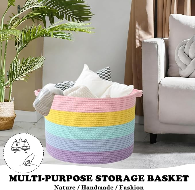 Large Storage Basket with Handle,23.6" x 23.6" x 15.7" Blanket Basket Storage Bins for Organizing,65L Cotton Rope Woven Baskets for Living Room, Nursery ,Bedroom,Colorful