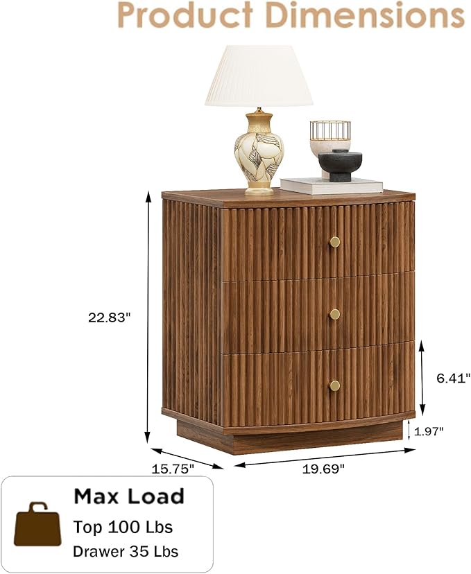 Grooved Wood End Table with 6 Drawers, Curved Edge Storage Side Table, Six Drawer Nightstand Compact Sofa Bedside Table for Bedroom, Living Room and Small Spaces, Walnut X2