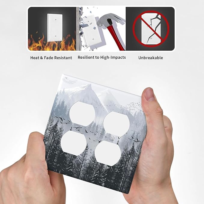 Misty Forest Nature Tree Mountain Birds Outlet Covers 2 Gang Double Duplex Decorative Light Switch Covers Electrical Wallplates Socket Faceplate for Bed Room Living Room Decor