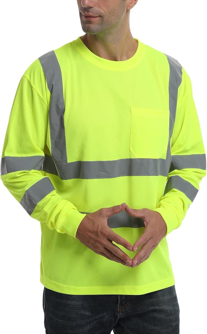 High Visibility Class 3 T Shits, Hi vis Safety Shirts with Reflective Strips and Pocket, Long Sleeve Quick Dry Mesh Construction Work Shirt for Men/Women Lime.Small