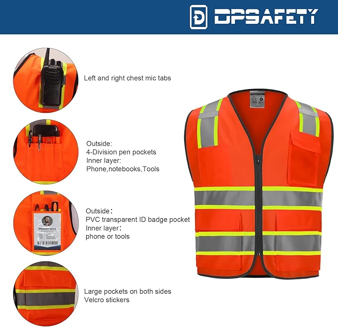 9 Pocket High Visibility Class 2 Safety Vest with 2 Inch Reflective Strips and Zipper Construction Work Vest for Men & Women Orange, 5XL