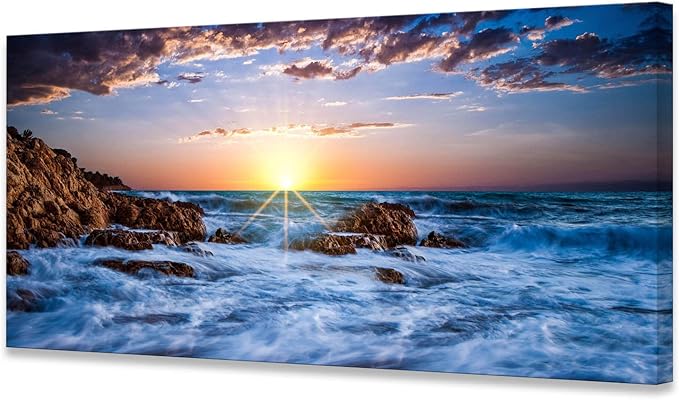 Muolunna BK05862 Wall Art Decor Canvas Print Picture Sunset Blue Ocean 1 Panel Sea Waves Scenery Painting Artwork for Office Wall Decor Home Decoration Stretched and Framed Ready to Hang 24x48inch