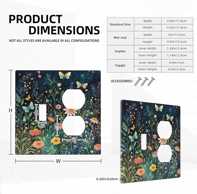 Wallplates Boho Vintage Floral Flower Butterfly 1 Toggle 1 Duplex Switch Plate Electrical GFCI Faceplate Decorative Light Switch Covers for Bedroom Home Decor
