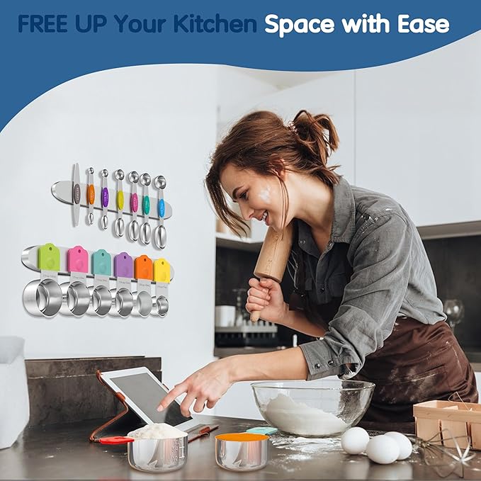 Magnetic Measuring Cups and Spoons Set, 6 Nesting Stainless Steel Measuring Cup Set with Easy to Read Markings, 7 Magnetic Measuring Spoons & 1 Leveler for Measuring Dry or Liquid Ingredients