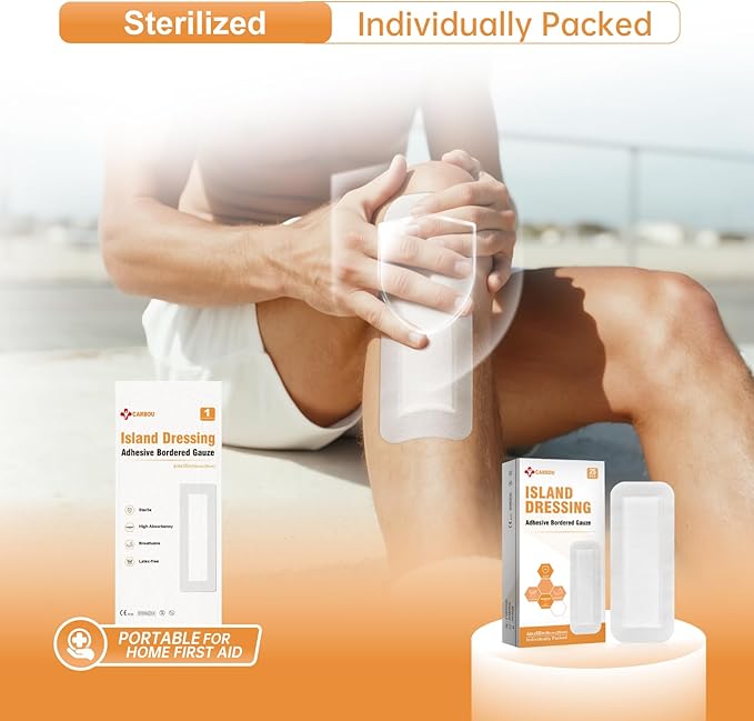 Carbou Island Dressing Bordered Gauze 4"x10" - 25 Sterile Individually Wrapped Pads | Non-Stick Center with Water-Resistant Adhesive Border | Medical Grade Non-Woven Backing for Wound Care & First Aid